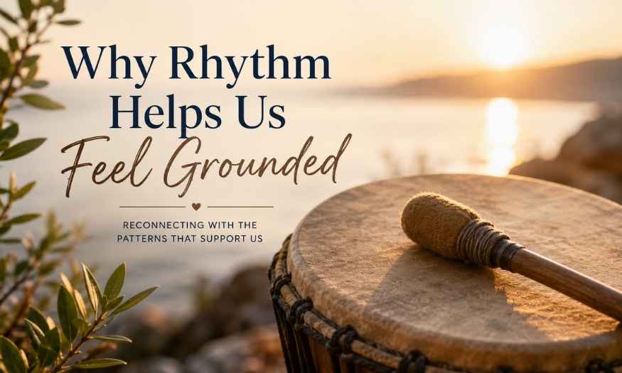 Hand drum by a lakeside at sunset representing rhythm, self-connection, grounding and wellbeing.